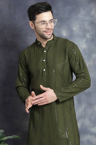 Men green embroidered viscose rayon kurta pajama