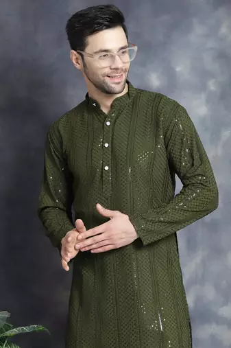 Men green embroidered viscose rayon kurta pajama