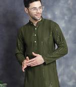 Men green embroidered viscose rayon kurta pajama