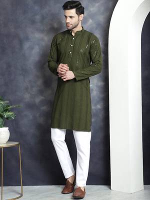 Men green embroidered viscose rayon kurta pajama 2