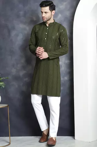 Men green embroidered viscose rayon kurta pajama