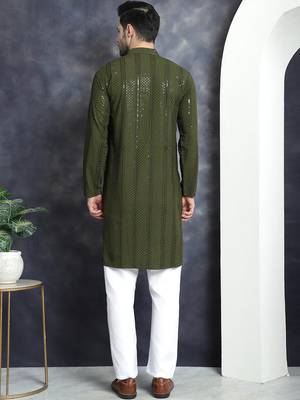Men green embroidered viscose rayon kurta pajama 4
