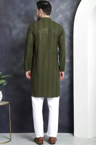 Men green embroidered viscose rayon kurta pajama