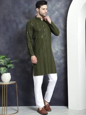 Men green embroidered viscose rayon kurta pajama 5