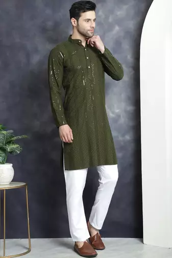 Men green embroidered viscose rayon kurta pajama