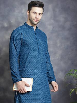 Men blue embroidered cotton kurta pajama 1