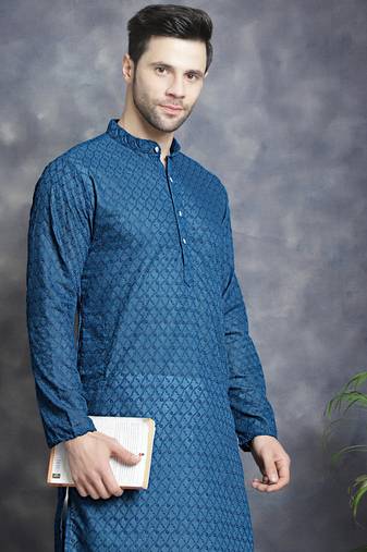 Men blue embroidered cotton kurta pajama