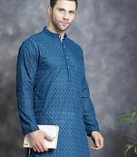Men blue embroidered cotton kurta pajama