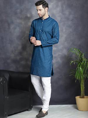 Men blue embroidered cotton kurta pajama 2