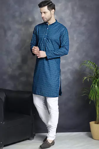 Men blue embroidered cotton kurta pajama