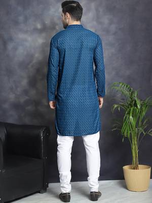 Men blue embroidered cotton kurta pajama 4