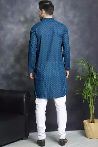 Men blue embroidered cotton kurta pajama