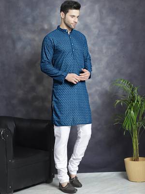 Men blue embroidered cotton kurta pajama 5