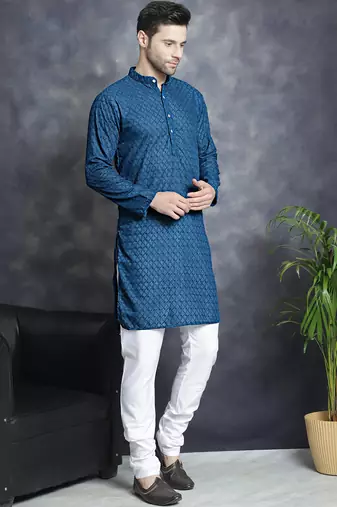 Men blue embroidered cotton kurta pajama