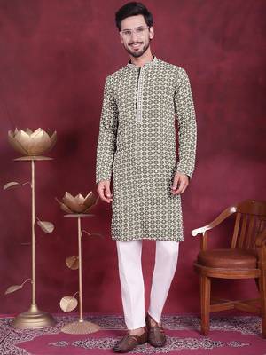 Men green embroidered viscose rayon kurta pajama 1