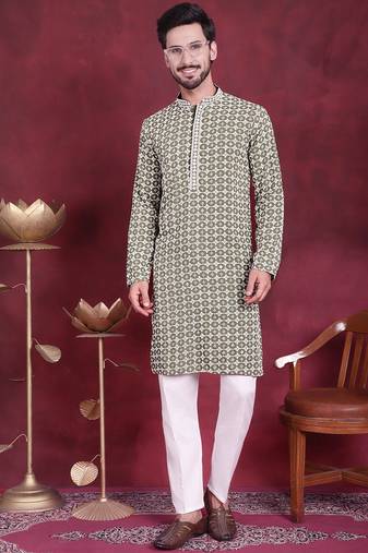 Men green embroidered viscose rayon kurta pajama