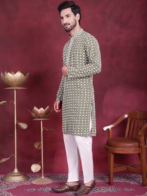Men green embroidered viscose rayon kurta pajama 2