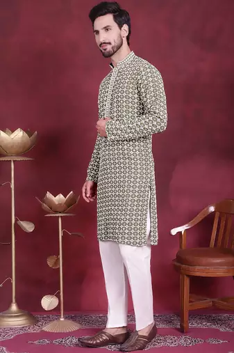 Men green embroidered viscose rayon kurta pajama