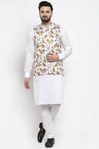 Men white printed cotton kurta jacket set