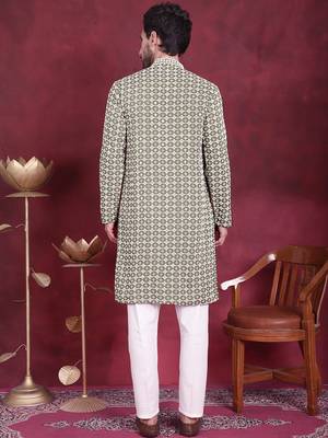 Men green embroidered viscose rayon kurta pajama 4