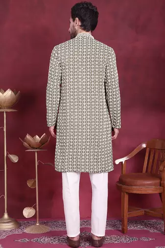 Men green embroidered viscose rayon kurta pajama