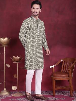 Men green embroidered viscose rayon kurta pajama 5