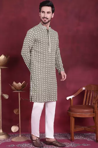 Men green embroidered viscose rayon kurta pajama
