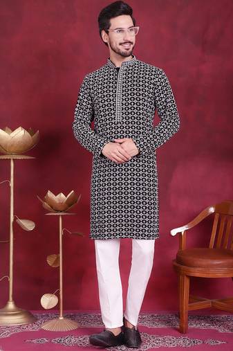 Men grey embroidered viscose rayon kurta pajama