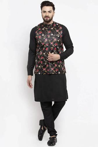 Men black printed cotton kurta jacket set