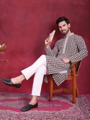 Men brown embroidered viscose rayon kurta pajama 1