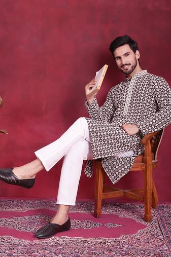 Men brown embroidered viscose rayon kurta pajama