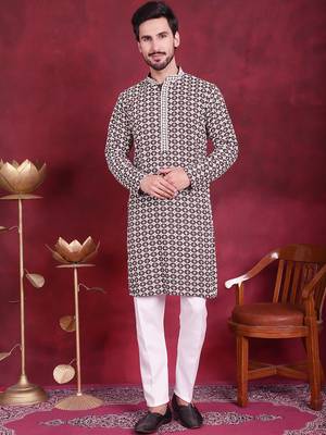 Men brown embroidered viscose rayon kurta pajama 2