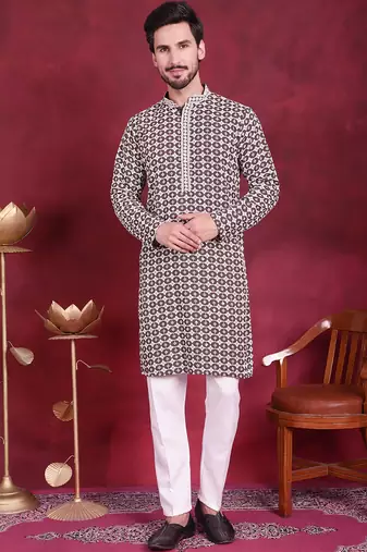 Men brown embroidered viscose rayon kurta pajama