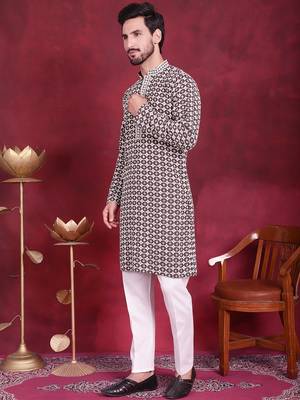 Men brown embroidered viscose rayon kurta pajama 4