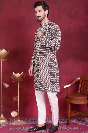 Men brown embroidered viscose rayon kurta pajama