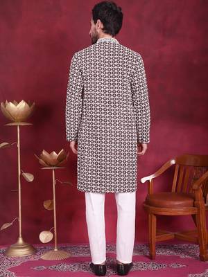 Men brown embroidered viscose rayon kurta pajama 5