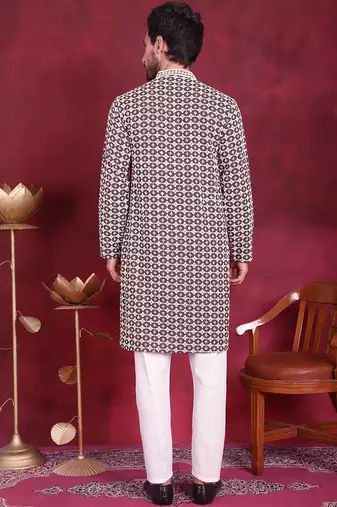 Men brown embroidered viscose rayon kurta pajama