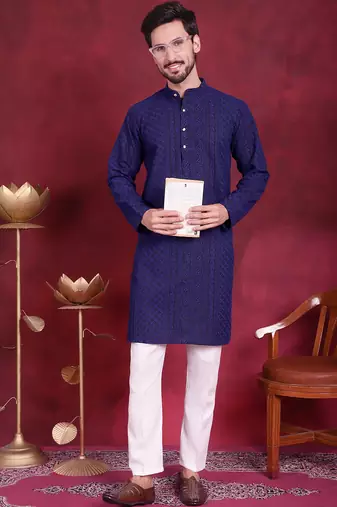 Men blue embroidered georgette kurta pajama