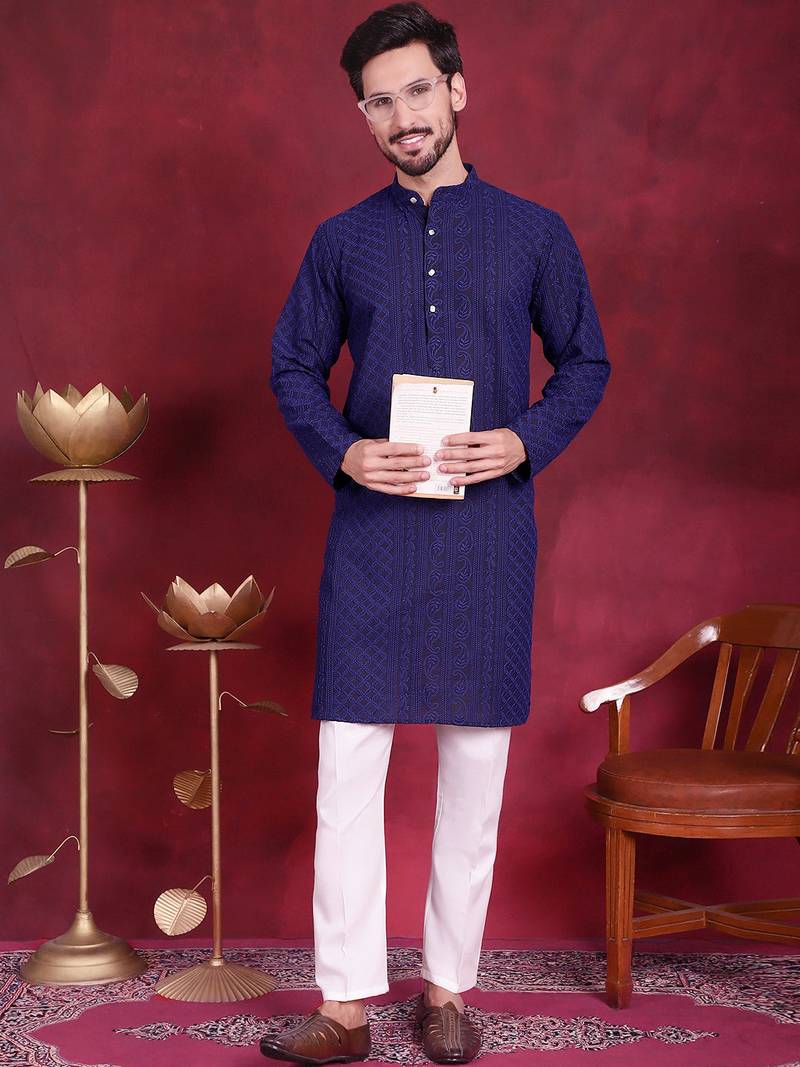 Men blue embroidered georgette kurta pajama