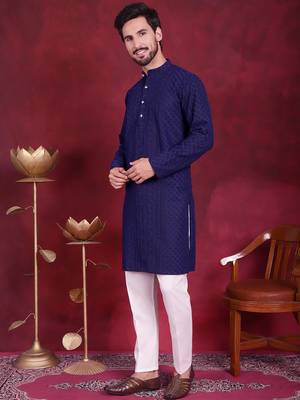 Men blue embroidered georgette kurta pajama 2