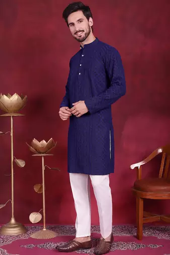 Men blue embroidered georgette kurta pajama