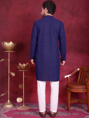 Men blue embroidered georgette kurta pajama 4
