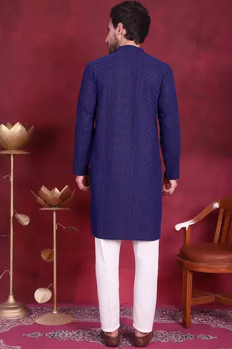 Men blue embroidered georgette kurta pajama