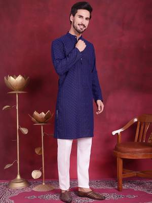 Men blue embroidered georgette kurta pajama 5