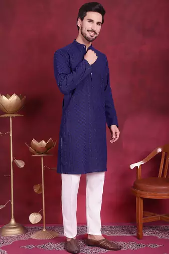 Men blue embroidered georgette kurta pajama