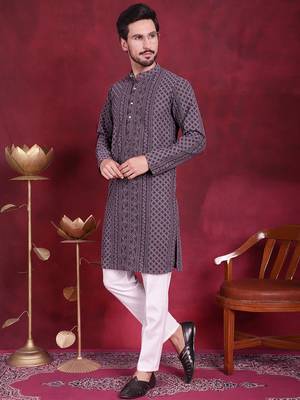 Men grey embroidered georgette kurta pajama 1