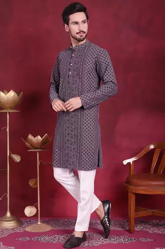 Men grey embroidered georgette kurta pajama