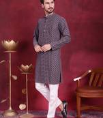 Men grey embroidered georgette kurta pajama