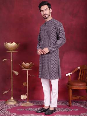 Men grey embroidered georgette kurta pajama 2