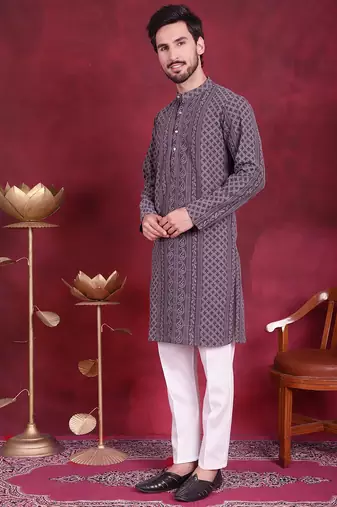 Men grey embroidered georgette kurta pajama